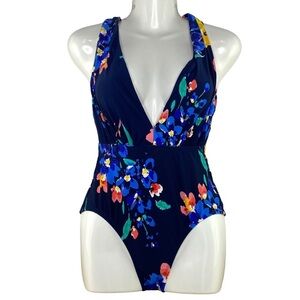 Sea Angel plunging v front navy floral one-piece swim suit, XS